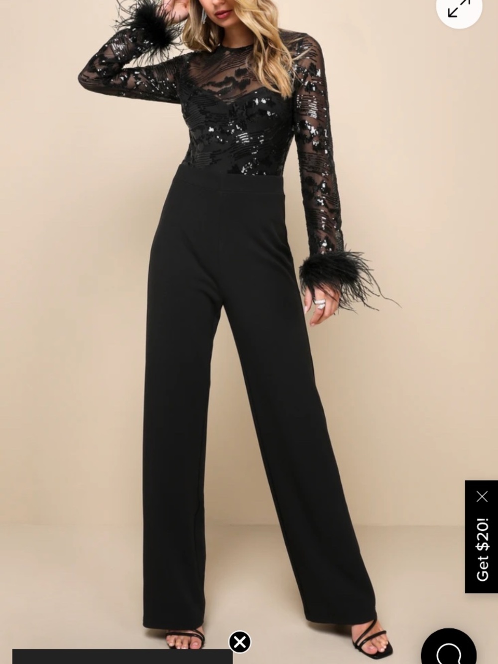 Lulus Black Sequin Feather Trim Jumpsuit Size S